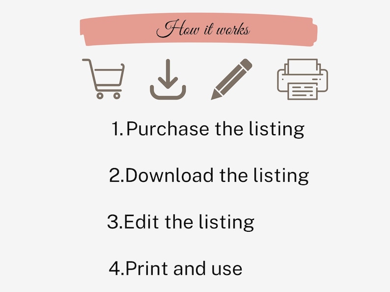 May include: A diagram showing how to purchase, download, edit, and print a digital listing. The steps are illustrated with icons of a shopping cart, a download arrow, a pencil, and a printer.