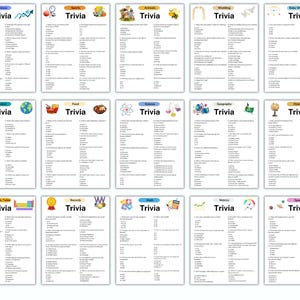 Puede incluir: Un conjunto de tarjetas de juego de trivia con diferentes temas, como negocios, deportes, animales y bodas. Cada tarjeta muestra la palabra "Trivia" en la parte superior, seguida de preguntas de opci&oacute;n m&uacute;ltiple. Las tarjetas son blancas con gr&aacute;ficos coloridos.