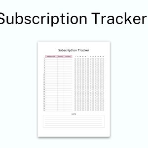 May include: A printable subscription tracker with a pink header and a note section at the bottom. The tracker has columns for subscription name, amount, account, and 12 months of the year.