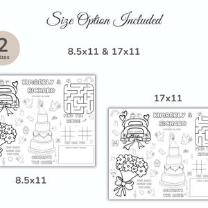 May include: Black and white wedding activity placemats with the names "Kimberly & Richard" and the date "October 15, 20XX". Includes a maze, tic-tac-toe, and other wedding-themed illustrations. Available in 8.5x11 and 17x11 inch sizes.