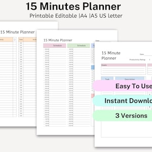 Op de afbeelding: Drie afdrukbare 15-minutenplannersjablonen. De eerste sjabloon heeft twee kolommen voor tijd en activiteit. De tweede sjabloon heeft twee kolommen voor het schema. De derde sjabloon heeft secties voor doelen, taken, beschrijvingen, productiviteitsbeoordeling en doeltijd.