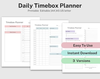 Afdrukbare timeboxplanner, sjabloon timeboxing, tijdtracker bewerkbaar, tijdbeheer, uurschema, checklist tijdblokkering, POMODORO
