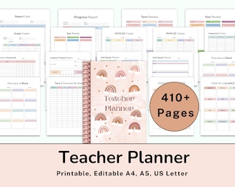 May include: A teacher planner with a pink and brown cover featuring rainbows and clouds. The cover says "Teacher Planner". The planner has over 410 pages and is printable and editable in A4, A5, and US Letter sizes.