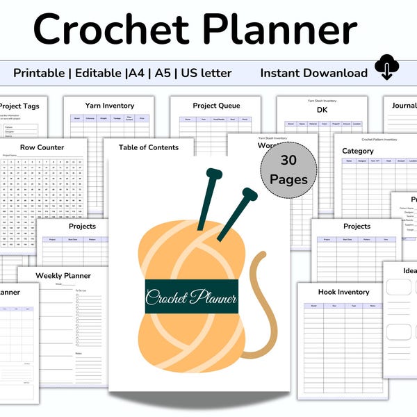 Printable Crochet Project Planner, Editable Crochet Organizer, Crochet Planner, Crochet Patterns and Supplies, Crochet Business Planner