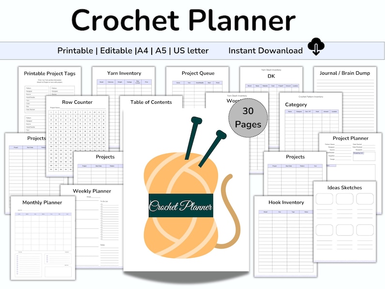 May include: A printable crochet planner with 30 pages, featuring project tags, yarn inventory, row counters, and more. The cover includes a yarn ball graphic with the text "Crochet Planner". Available in A4, A5, and US letter sizes.