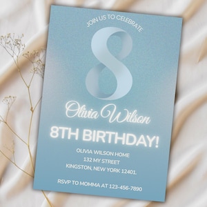 8th Birthday Invitation Template, Eighth Birthday, 8 Year Old Invite, Girl 8th Birthday Invitation, Tween Birthday Ideas, Printable Template