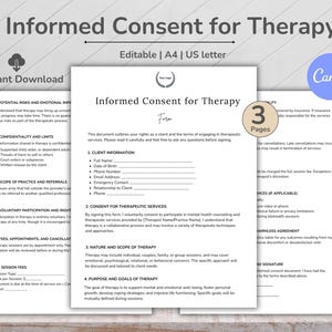 Informed Consent For Therapy Form Template, Psychotherapy Form, Client Consent Form, Therapist Form, Mental Health Forms, Counseling Session