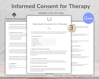Informed Consent For Therapy Form Template, Psychotherapy Form, Client Consent Form, Therapist Form, Mental Health Forms, Counseling Session