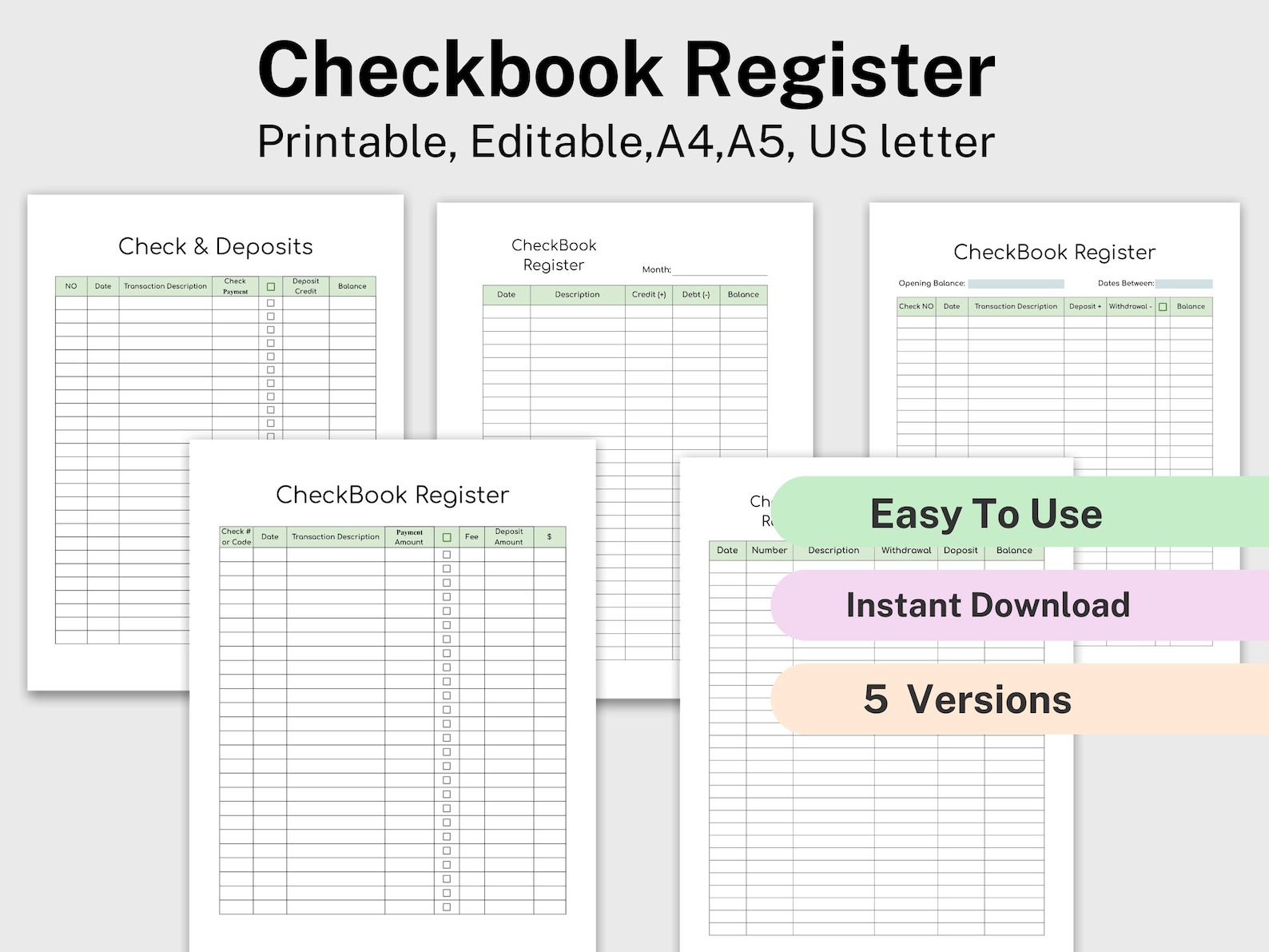 Checkbook Transactions Checkbook Register Printable, Transaction Register, Check Register ...