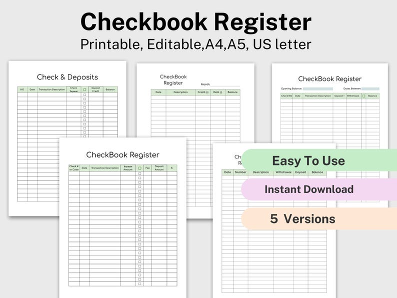 Checkbook Register Printable, Transaction Register, Check Register ...