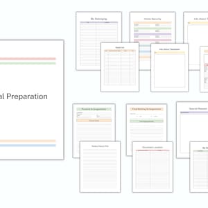 Pu&ograve; includere: Una raccolta di documenti stampabili per la preparazione finale, inclusi moduli per elenchi di beni, accordi funebri e informazioni sugli animali domestici. Il documento principale &egrave; intitolato "Final Preparation" con strisce orizzontali colorate.
