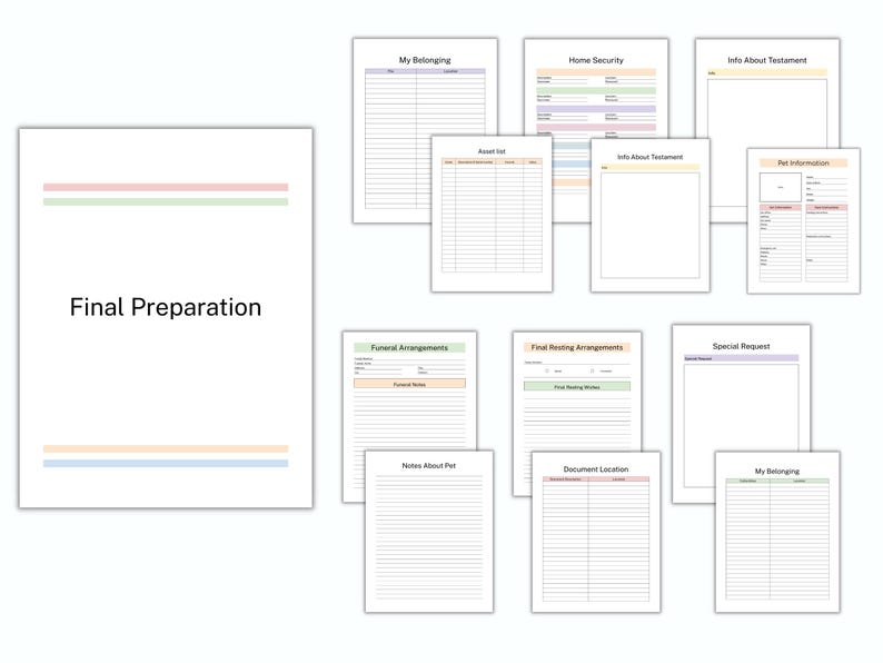 Pu&ograve; includere: Una raccolta di documenti stampabili per la preparazione finale, inclusi moduli per elenchi di beni, accordi funebri e informazioni sugli animali domestici. Il documento principale &egrave; intitolato "Final Preparation" con strisce orizzontali colorate.