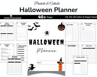 Planificador de Halloween imprimible, planificador de fiestas, carpeta de Halloween, lista de deseos de otoño, resumen de presupuesto, calendario de Halloween, lista de películas de Halloween