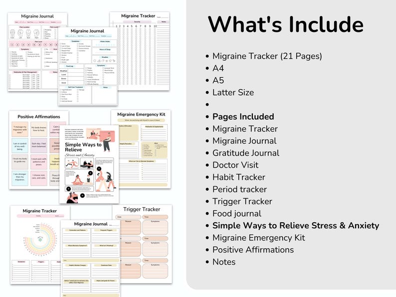 May include: A printable migraine tracker and journal set with pages for tracking headaches, journaling, gratitude, doctor visits, habit tracking, period tracking, trigger tracking, food journaling, and more. The set also includes pages for simple ways to relieve stress and anxiety, a migraine emergency kit, positive affirmations, and notes.