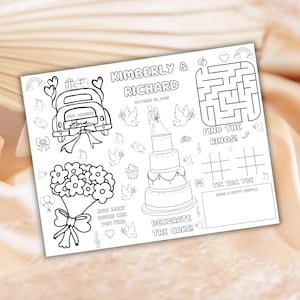 May include: Black and white wedding activity sheet with the names "Kimberly & Richard" and the date. Includes a maze, tic-tac-toe, and cake decorating activity, along with a bouquet and a "Just Married" car.