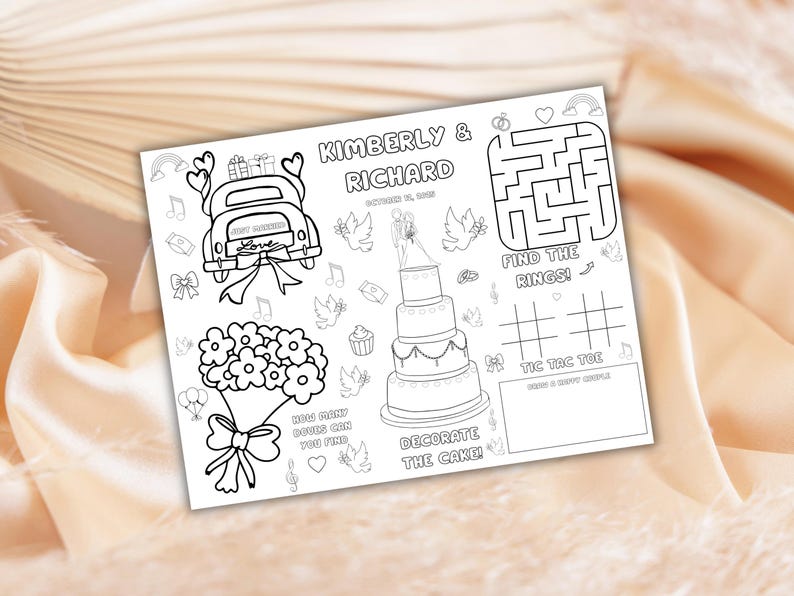 May include: Black and white wedding activity sheet with the names "Kimberly & Richard" and the date. Includes a maze, tic-tac-toe, and cake decorating activity, along with a bouquet and a "Just Married" car.
