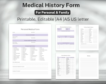 Family Medical History Forms, Medical History Form, Medical Binder, Medical Log, Personal Health History Form, Digital Download, Printable
