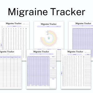 May include: Six printable migraine tracker pages with a light purple background. The pages include a calendar, a circle graph, and a table for tracking migraine symptoms, triggers, duration, and treatment.