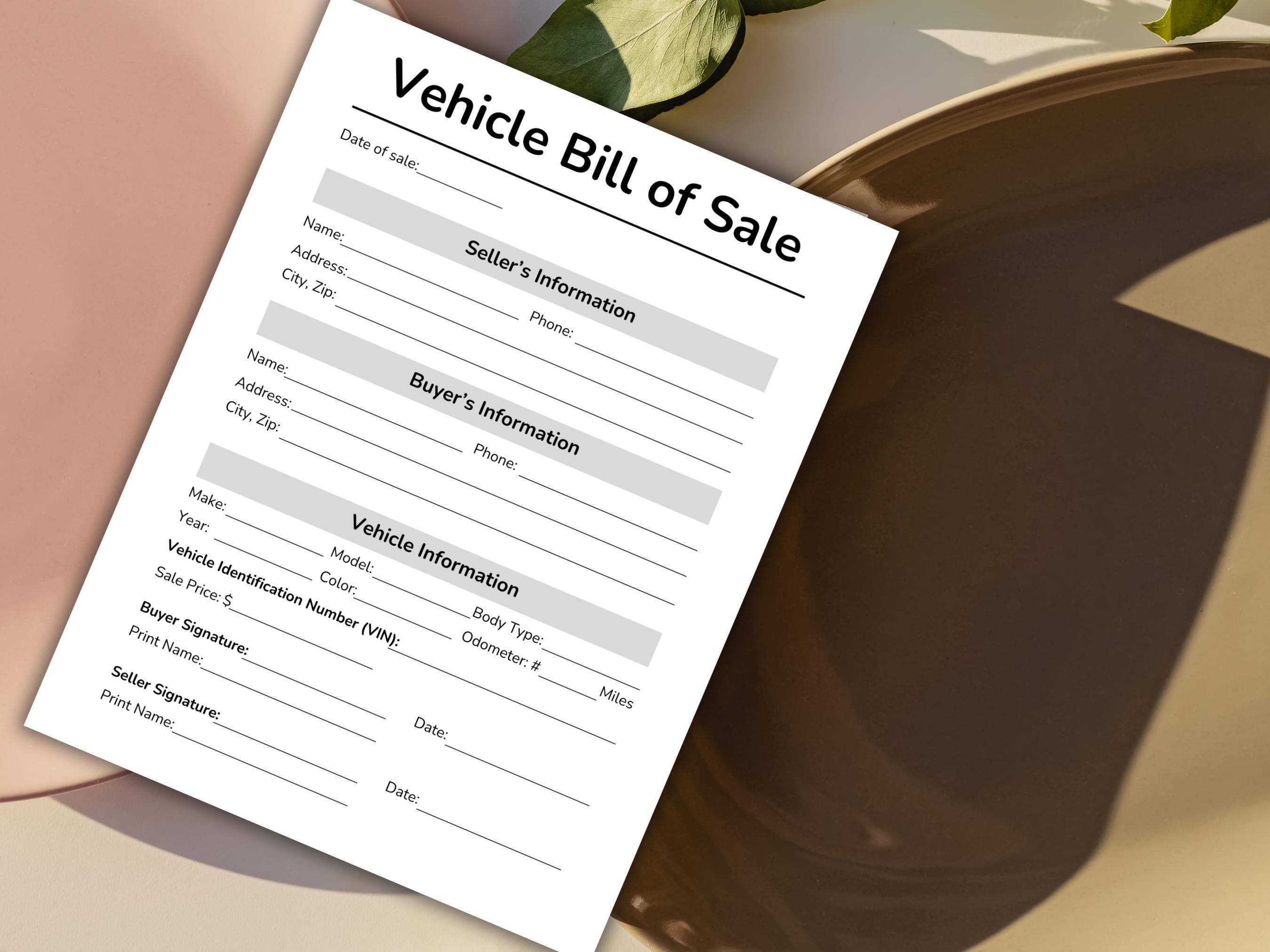 Vehicle Bill of Sale Template, Motor Vehicle Bill of Sale, Auto ...