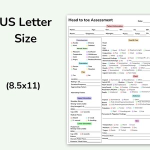 May include: A US Letter size (8.5x11 inches) assessment form titled "Head to toe Assessment." The form includes sections for patient information, consciousness, orientation, and physical examination findings. The form is designed for medical professionals.