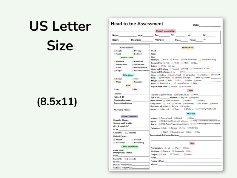 May include: A US Letter size (8.5x11 inches) assessment form titled "Head to toe Assessment." The form includes sections for patient information, consciousness, orientation, and physical examination findings. The form is designed for medical professionals.