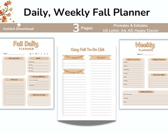 May include: A printable fall planner with daily, weekly, and to-do list pages. The planner includes sections for morning goals, meals, and evening reflections. The design features a neutral color palette with fall-themed accents and the text "Daily, Weekly Fall Planner".