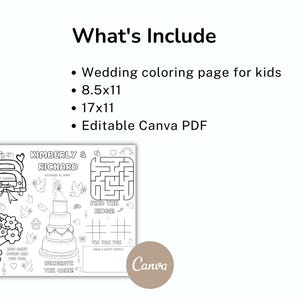 May include: A black and white wedding coloring page for kids, featuring a car with hearts, a cake, flowers, and a maze. The text includes "KIMBERLY & RICHARD" and "DECORATE THE CAKE". Includes 8.5x11 and 17x11 sizes.