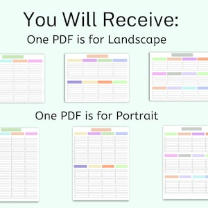 K&ouml;nnte beinhalten: Digitale PDF-Planervorlagen in Quer- und Hochformatausrichtung. Jede Vorlage verf&uuml;gt &uuml;ber ein Rasterlayout mit farbigen Kopfzeilen. Der Text lautet: "You Will Receive: One PDF is for Landscape" und "One PDF is for Portrait."