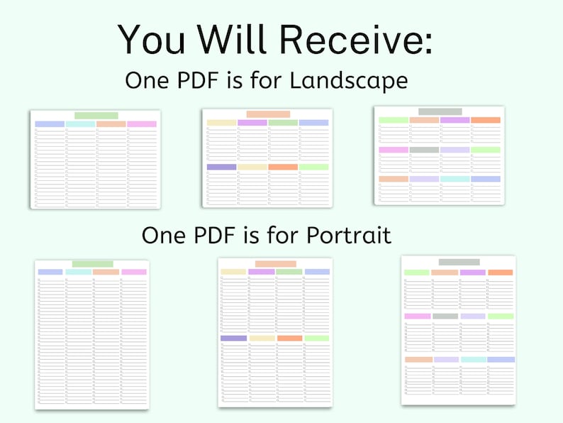 K&ouml;nnte beinhalten: Digitale PDF-Planervorlagen in Quer- und Hochformatausrichtung. Jede Vorlage verf&uuml;gt &uuml;ber ein Rasterlayout mit farbigen Kopfzeilen. Der Text lautet: "You Will Receive: One PDF is for Landscape" und "One PDF is for Portrait."