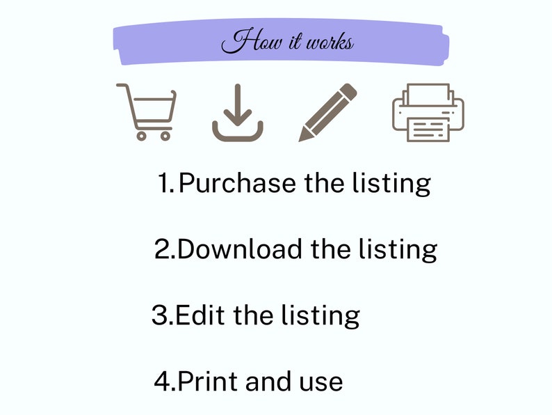 May include: An instructional graphic titled How it works with a purple banner. It features four brown icons: a shopping cart, a download arrow, a pencil, and a printer. The text lists: 1. Purchase the listing, 2. Download the listing, 3. Edit the listing, 4. Print and use.