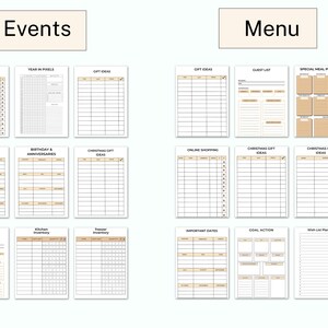 May include: A printable planner with 16 pages for organizing events and menus. The pages are divided into sections with headings such as "Online Shopping", "Year in Pixels", "Gift Ideas", "Important Dates", "Birthday & Anniversaries", "Christmas Gift Ideas", "Guest List", "Kitchen Inventory", "Freezer Inventory", "Important Dates", "Goal Action", and "Wish List Planner".