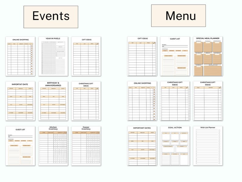 May include: A printable planner with 16 pages for organizing events and menus. The pages are divided into sections with headings such as "Online Shopping", "Year in Pixels", "Gift Ideas", "Important Dates", "Birthday & Anniversaries", "Christmas Gift Ideas", "Guest List", "Kitchen Inventory", "Freezer Inventory", "Important Dates", "Goal Action", and "Wish List Planner".