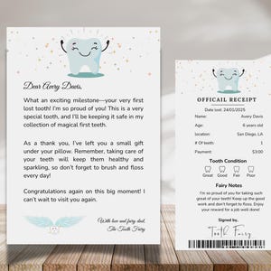 Carta y recibo del Hada de los Dientes, accesorio de almohada del Hada de los Dientes, certificado del primer diente, plantilla de Canva del Hada de los Dientes en PDF, imprimible