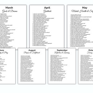 May include: A set of eight white cards with black text, each representing a month and a theme. The themes include Goals & Dreams, Gratitude, Mental Health & Self-Care, Creativity & Play, Purpose & Fulfillment, Reflection & Learning, and Facing Fears.