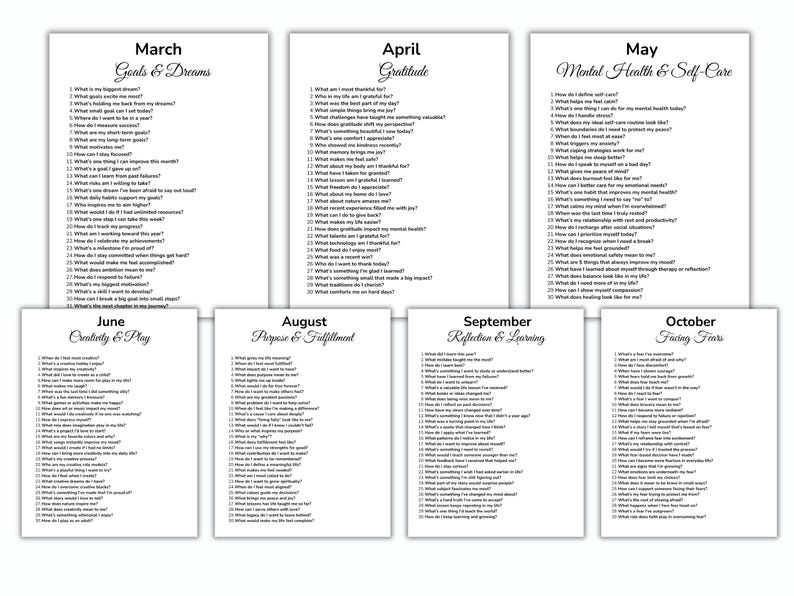 May include: A set of eight white cards with black text, each representing a month and a theme. The themes include Goals & Dreams, Gratitude, Mental Health & Self-Care, Creativity & Play, Purpose & Fulfillment, Reflection & Learning, and Facing Fears.