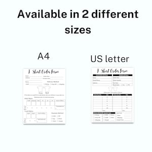 Peut inclure: Deux formulaires de commande de t-shirts imprimables en noir et blanc, l'un au format A4 et l'autre au format lettre US. Chaque formulaire comprend les coordonn&eacute;es du client, les d&eacute;tails de la commande, le mode de livraison, le mode de paiement et une section pour la taille et la quantit&eacute;.