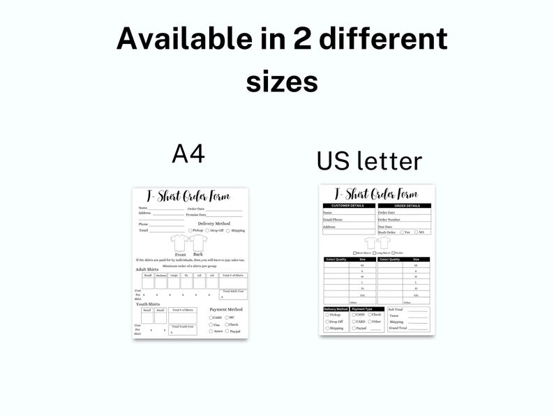Peut inclure: Deux formulaires de commande de t-shirts imprimables en noir et blanc, l'un au format A4 et l'autre au format lettre US. Chaque formulaire comprend les coordonn&eacute;es du client, les d&eacute;tails de la commande, le mode de livraison, le mode de paiement et une section pour la taille et la quantit&eacute;.