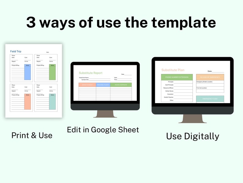 May include: An image showing three ways to use a template. The text reads "3 ways of use the template". The first option is a printed field trip form. The second option is editing in Google Sheet. The third option is using it digitally.