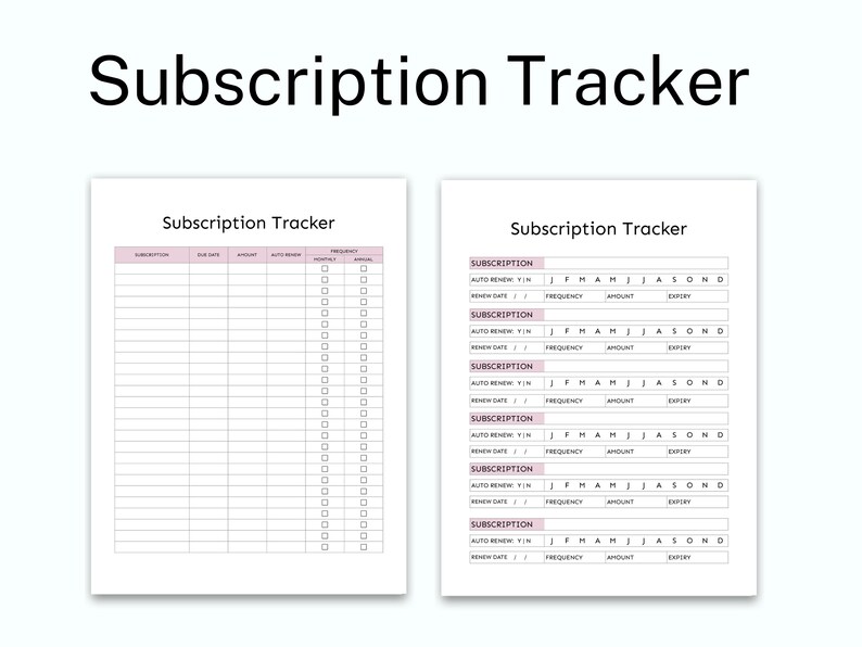 May include: A printable subscription tracker with a pink and white color scheme. The tracker includes columns for subscription name, auto-renew, due date, frequency, amount, and expiry. The tracker is designed to help you keep track of your monthly subscriptions.