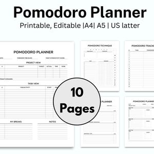 May include: A black and white printable Pomodoro Planner with 10 pages. The planner includes sections for project view, task view, my breaks, notes, Pomodoro technique, and Pomodoro tracker.