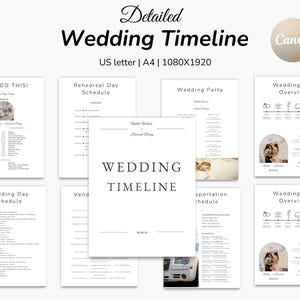 May include: A set of wedding timeline templates with a minimalist design. The templates include schedules for the rehearsal day, wedding party, and wedding day overview. The text "Wedding Timeline" is prominently displayed.