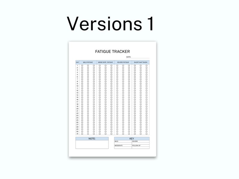 May include: A white paper fatigue tracker form with black text and light blue headers. The document features a table with columns for day, mild fatigue, moderate fatigue, severe fatigue, and short nap taken, plus a note section and a key.