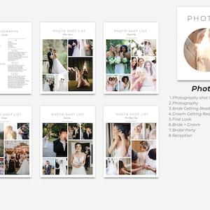 May include: A wedding photography checklist with a list of shots to take, including getting ready, first look, bridal party, and reception. The checklist is divided into sections with headings for each category. The checklist is accompanied by a collage of wedding photos.
