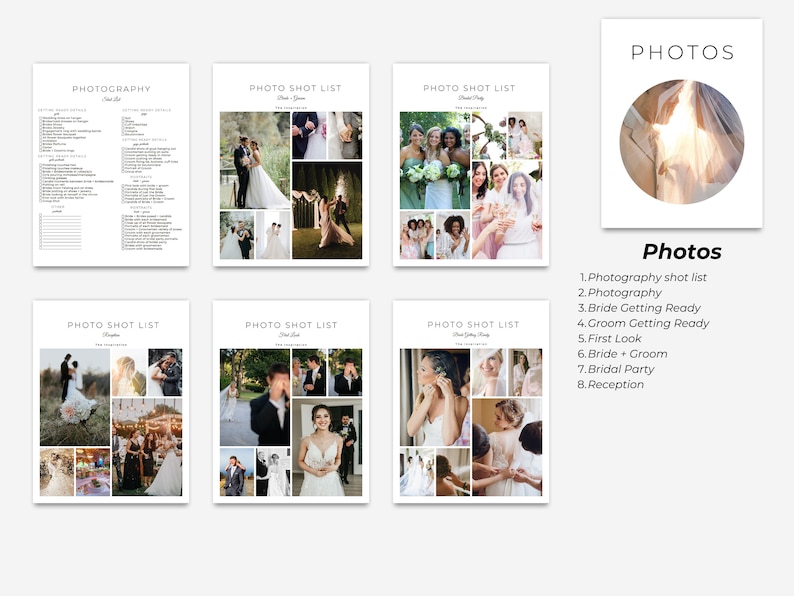 May include: A wedding photography checklist with a list of shots to take, including getting ready, first look, bridal party, and reception. The checklist is divided into sections with headings for each category. The checklist is accompanied by a collage of wedding photos.