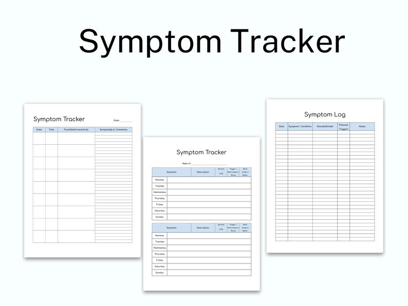 May include: Three printable symptom tracker logs. The first log is titled "Symptom Tracker" and has columns for date, time, food/medicine/activity, and symptoms/comments. The second log is titled "Symptom Tracker" and has columns for symptom, severity, duration, trigger, and notes. The third log is titled "Symptom Log" and has columns for date, symptom/condition, duration/frequency, potential trigger, and notes.