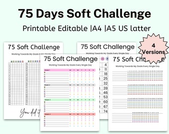 Edytowalny 75 Soft Challenge Tracker, Codzienny dziennik 75 Soft Challenge, Habit Tracker do druku, 75 łatwych wyzwań, Dziennik fitness, Wypłata