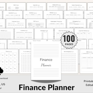 Puede incluir: Un planificador financiero imprimible en blanco y negro con 100 páginas. El planificador incluye páginas para realizar un seguimiento de los gastos semanales, las facturas diarias, las suscripciones y mucho más. El texto "Finance Planner" está impreso en negro sobre un fondo blanco.