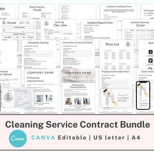 May include: A bundle of printable cleaning service contract templates for businesses. The templates are designed for use with Canva and are editable in US letter and A4 sizes. The bundle includes forms for invoices, receipts, deep cleaning checklists, client intake forms, incident reports, janitorial cleaning checklists, residential cleaning checklists, construction cleaning checklists, price lists, scan-to-pay forms, employee information forms, and client information forms.