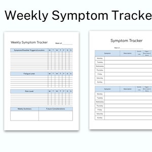 May include: A printable weekly symptom tracker with two pages. The first page has sections for tracking symptoms, possible triggers, fatigue level, and pain level. The second page has sections for tracking symptoms, descriptions, severity, triggers, and what makes it better or worse.