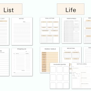 May include: A printable planner with sections for to-do lists, notes, goal action, year in pixels, bucket list, checklist, shopping list, yearly goals, reflection, wish list planner, favorite quotes, and gratitude journal. The planner has a beige and white color scheme.